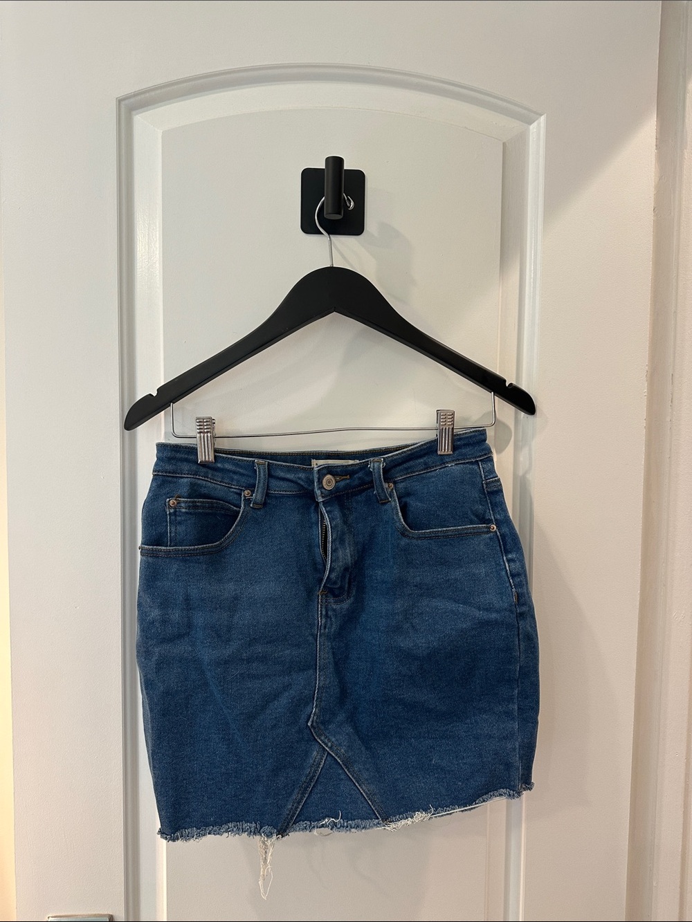 Denim Mini Skirt in Dark Blue with Frayed Hem